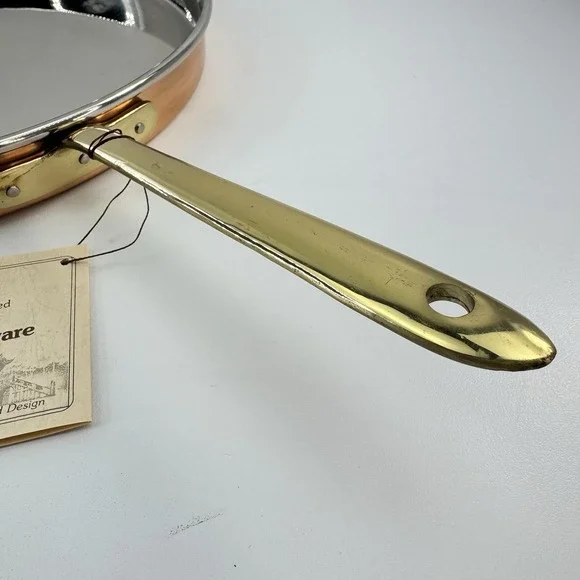 11" Hand Crafted Korea Solid Copper Skillet Nickel Lined Brass Handle Fry Pan - Picture 7 of 10